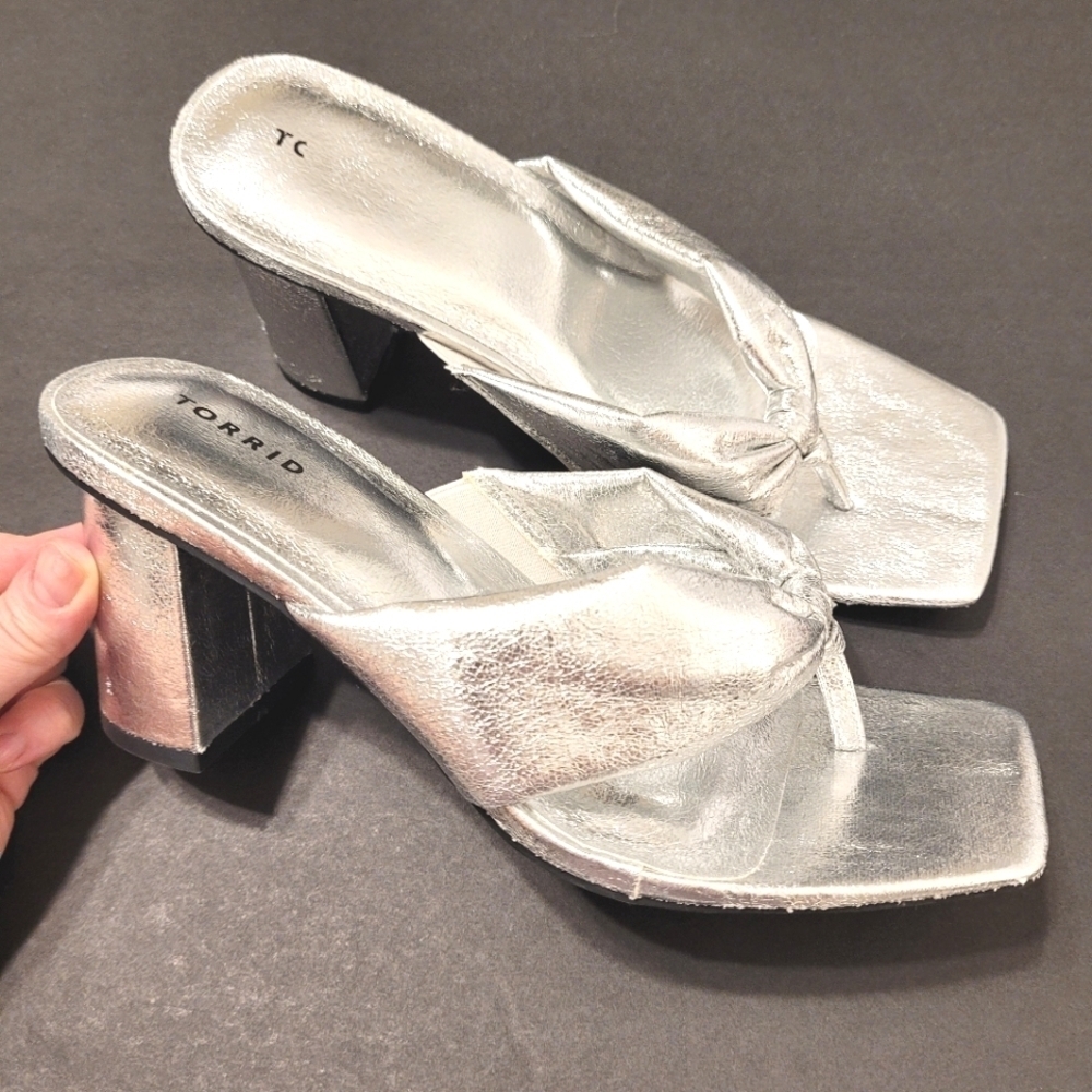 Torrid metalic silver square toe heeled sandals size 8.5 WW